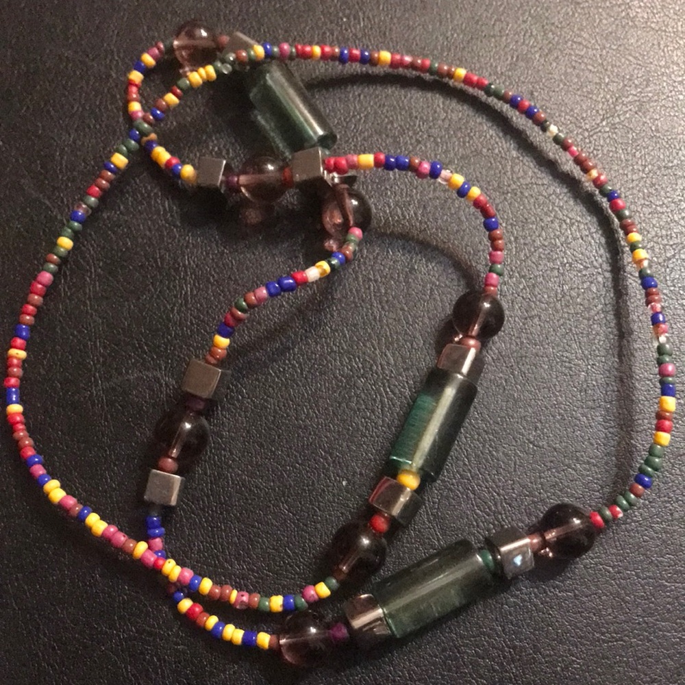 Handcrafted multi colored  micro bead and glass necklace 28 in